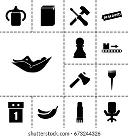 Nobody icon. set of 13 filled nobody icons such as baby bottle, barber brush, woman in hammock, banana, washing machine, axe, luggage scan, glue pen, reserved, chess pawn