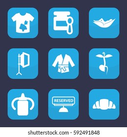 nobody icon. Set of 9 filled nobody icons such as baby bottle, baby food, woman in hammock, dirty laundry, croissant, sprout, soft box, reserved