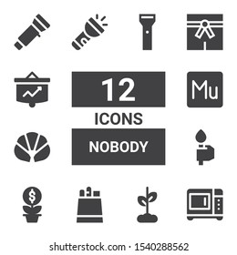 nobody icon set. Collection of 12 filled nobody icons included Microwave, Growth, Paper bag, Torch, Croissant, Muse, Flashlight, Martial arts