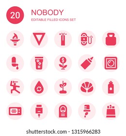 nobody icon set. Collection of 20 filled nobody icons included Torch, Water, Wire, Kettlebell, Growth, Glue, Dimmer, Martial arts, Croissant, Microwave, Hdmi, Finger, Paper bag