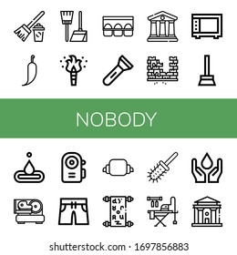 nobody icon set. Collection of Broom, Hot pepper, Torch, Egg carton, Flashlight, Courthouse, Brick, Microwave, Water, Slicer, Swimming trunks, Croissant, Manuscript, Toilet brush icons