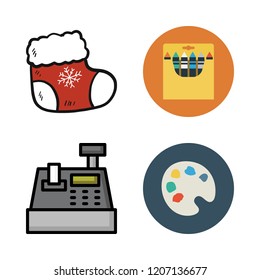nobody icon set. vector set about paint palette, crayons, christmas sock and cash register icons set.