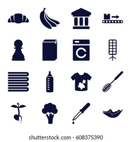 Nobody icons set. set of 16 nobody filled icons such as cauliflower, washing machine, baby bottle, towels, woman in hammock, toilet brush, dirty laundry, croissant, sprout