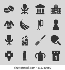 Nobody icons set. set of 16 nobody filled icons such as baby bottle, toilet brush, tablet, candle heart, hospital building, glue pen, soft box, kimono, chess pawn