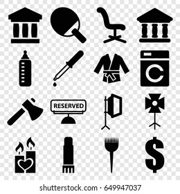 Nobody icons set. set of 16 nobody filled icons such as washing machine, baby bottle, barber brush, office chair, dollar, axe, pipette, candle heart, bank, glue pen, soft box