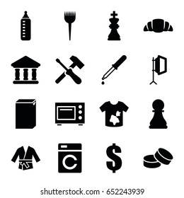 Nobody icons set. set of 16 nobody filled icons such as washing machine, baby bottle, barber brush, dirty laundry, tablet, dollar, croissant, pipette, bank, soft box