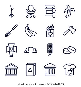 nobody icons set. Set of 16 nobody outline icons such as baby food, toilet brush, washing machine, dirty laundry, tablet, axe, croissant, sprout, banana, candle heart