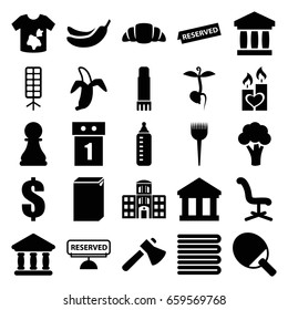Nobody icons set. set of 25 nobody filled icons such as cauliflower, baby bottle, towels, barber brush, banana, washing machine, dirty laundry, office chair, dollar, axe