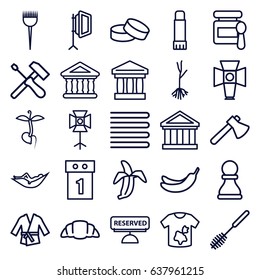 Nobody icons set. set of 25 nobody outline icons such as towels, baby food, barber brush, woman in hammock, banana, toilet brush, dirty laundry, tablet, axe, croissant, sprout