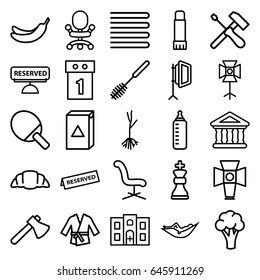 Nobody icons set. set of 25 nobody outline icons such as cauliflower, baby bottle, towels, woman in hammock, banana, toilet brush, washing machine, office chair, axe