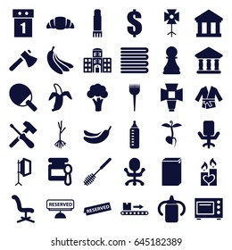 Nobody icons set. set of 36 nobody filled icons such as cauliflower, baby bottle, towels, baby food, barber brush, banana, toilet brush, washing machine, office chair, dollar