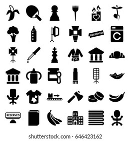 Nobody icons set. set of 36 nobody filled icons such as cauliflower, washing machine, baby bottle, towels, baby food, barber brush, woman in hammock, banana, dirty laundry