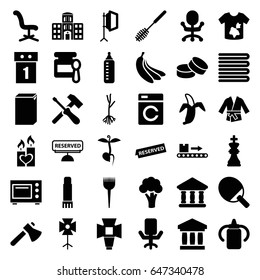 Nobody icons set. set of 36 nobody filled icons such as cauliflower, washing machine, baby bottle, towels, baby food, barber brush, toilet brush, dirty laundry, tablet