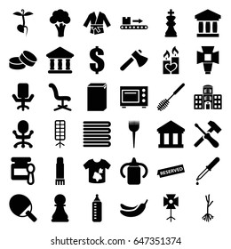 Nobody icons set. set of 36 nobody filled icons such as cauliflower, baby bottle, towels, baby food, barber brush, banana, toilet brush, washing machine, dirty laundry, tablet