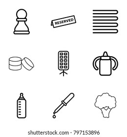 Nobody icons. set of 9 editable outline nobody icons such as baby bottle, towels, pipette, soft box, reserved, chess pawn, cauliflower