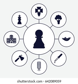 Nobody icons set. set of 9 nobody filled icons such as cauliflower, woman in hammock, axe, pipette, hospital building, soft box, chess king
