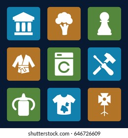 Nobody icons set. set of 9 nobody filled icons such as cauliflower, washing machine, baby bottle, dirty laundry, soft box, kimono, chess pawn, bank