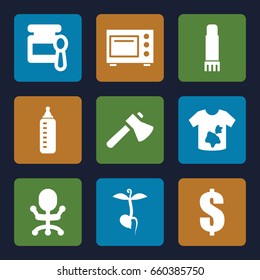 Nobody icons set. set of 9 nobody filled icons such as baby bottle, baby food, dirty laundry, dollar, axe, sprout, glue pen, microwave