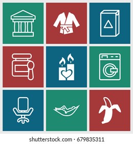 Nobody icons set. set of 9 nobody filled and outline icons such as banana, candle heart, kimono, washing machine, baby food, woman in hammock, office chair