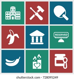 Nobody icons set. set of 9 nobody filled icons such as baby food, banana, banana, candle heart, bank, hospital building, reserved, screwdriver