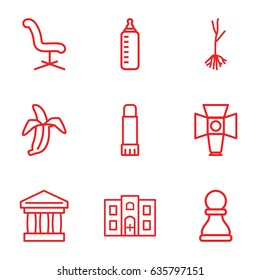 Nobody icons set. set of 9 nobody outline icons such as baby bottle, office chair, sprout, banana, hospital building, glue pen, soft box, chess pawn