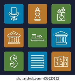 Nobody icons set. set of 9 nobody outline icons such as towels, dollar, luggage scan, candle heart, bank, hospital building, office chair