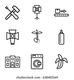 Nobody icons set. set of 9 nobody outline icons such as washing machine, baby bottle, sprout, banana, luggage scan, hospital building, soft box