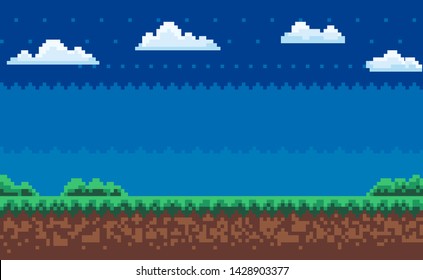 Nobody interface of pixel game platform, evening and sunset view, cloudy sky and green grass with bushes, adventure and level, computer graphic vector, pixelated nature for mobile app games