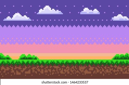 Nobody interface of pixel game platform, evening and sunset view, cloudy sky and green grass with bushes, adventure and level, computer graphic vector. Pixelated mobile app video-game