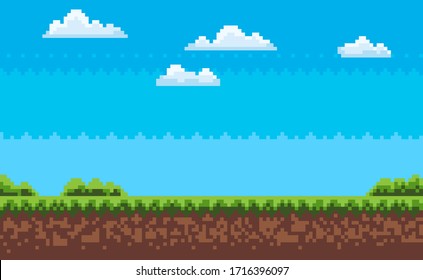 Nobody interface of pixel game platform, evening and sunset view, cloudy sky and green grass with bushes, adventure and level, computer graphic vector, pixelated nature for mobile app games