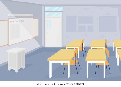 Nobody At School Classroom Flat Color Vector Illustration. Lessons Ban During Covid. Epidemic Rules And Precautions. Empty Class 2D Cartoon Interior With Desks And Seats On Background