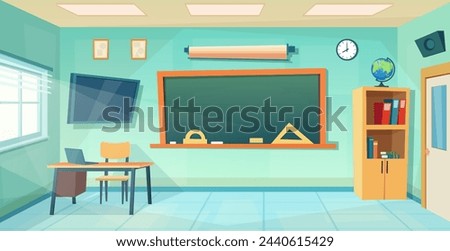 Nobody school classroom interior with teachers desk and blackboard. cartoon School Education background. Classroom interior. Meeting room. Vector illustration in a flat style