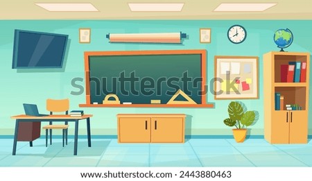 Nobody school classroom interior with teachers desk and blackboard. cartoon School Education background. Classroom interior. Meeting room. Vector illustration in a flat style