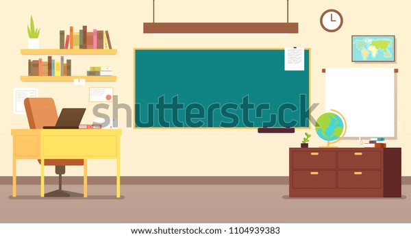 Nobody school classroom interior with teachers\
desk and blackboard vector illustration. Empty class for study,\
interior and chalkboard