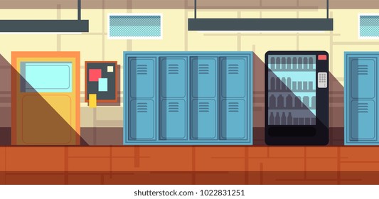 Nobody school corridor interior cartoon vector illustration. School or college interior hallway with lockers