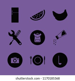 nobody vector icons set. with salt shaker, banana, school book bag and plate folk knife in set