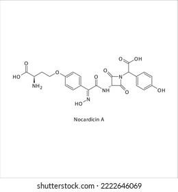Nocardicin A flat skeletal molecular structure Monobactam antibiotic drug used in bacterial infection treatment. Vector illustration.