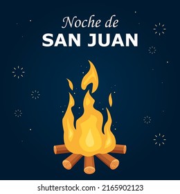 Noche de San Juan (St. John's Eve). Grußkarte oder festliches Poster mit Feuer. Vektorgrafik auf dunklem Hintergrund. (Spanische Übersetzung: Nacht des Heiligen Johannes).