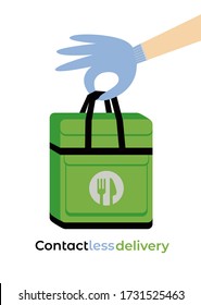 No-contact Food Delivery Bag Vector Icon. Contactless Delivery Service Online Takeout Orders Cartoon Illustration. Courier Disposable Gloves To Carry Box With Food Meal For Carefree Social Distancing