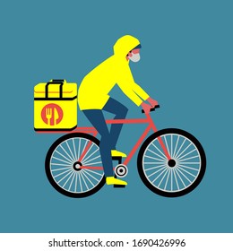 No-contact food delivery rider vector icon. Contactless delivery service online takeout orders cartoon illustration. Bicyclist driver courier in medical mask carries food at coronavirus virus epidemic