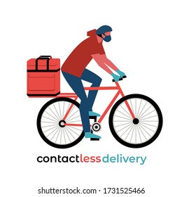 No-contact Food Delivery Rider Vector Icon. Contactless Delivery Service Online Takeout Orders Cartoon Illustration. Bicyclist Driver Courier In Medical Mask Carries Food Meal Medicine In Bag On Bike