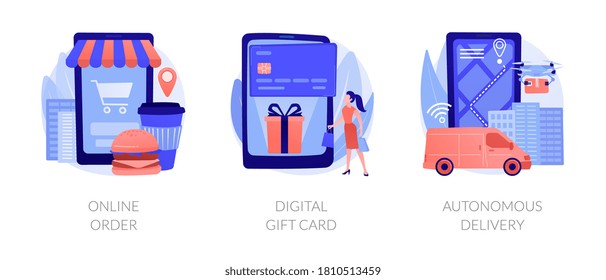 No-contact order and delivery abstract concept vector illustration set. Online order, digital gift card, autonomous delivery, buying goods on internet, certificate online, drone use abstract metaphor.