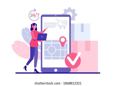 Noctidial customer support concept. Female character operator with headphones and laptop accepts order specifies client address. Fast shopping delivery in mobile app