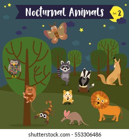 Nocturnal Animals Cartoon Forest Background Set Stock Vector (Royalty