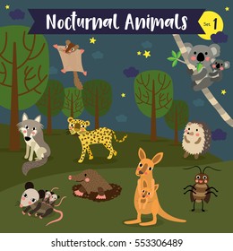 Nocturnal Animals cartoon with forest background. Set 1.