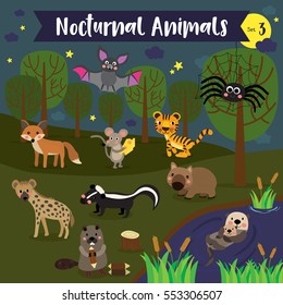 Nocturnal Animals cartoon with forest and pond background. Set 3.