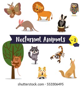 Nocturnal Animals cartoon on white background. Set 2.