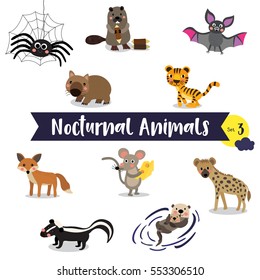 Nocturnal Animals cartoon on white background. Set 3.