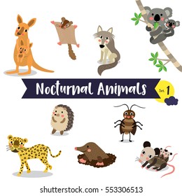 Nocturnal Animals cartoon on white background. Set 1.