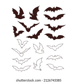 Nocturnal bat silhouette in various poses fly illustration set isolated on white. Line art style flittermouse figures print collection for Halloween or tee shirt design.